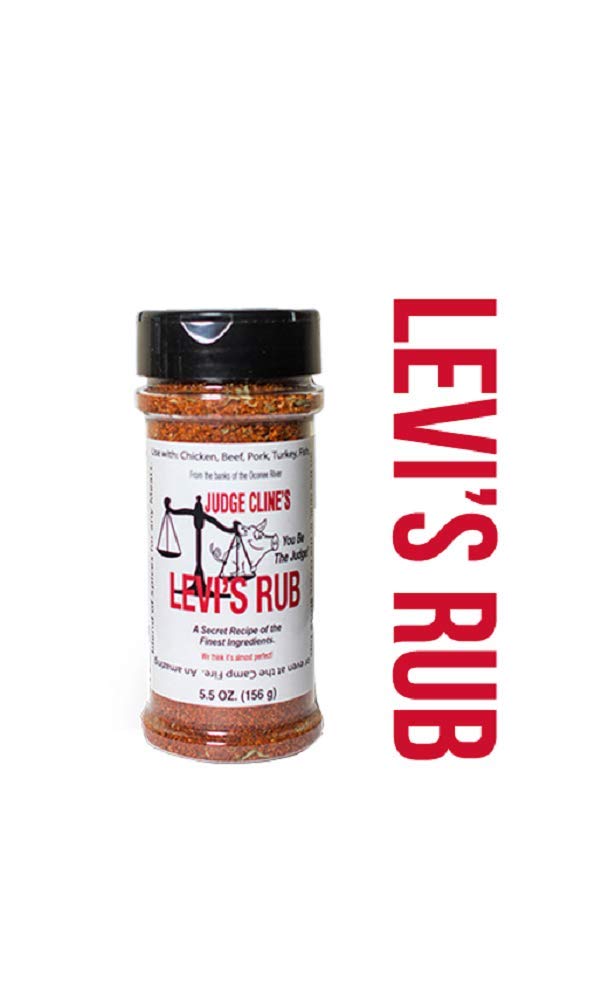 Judge Cline's Levi's Rub front label, 5.5 oz shaker bottle