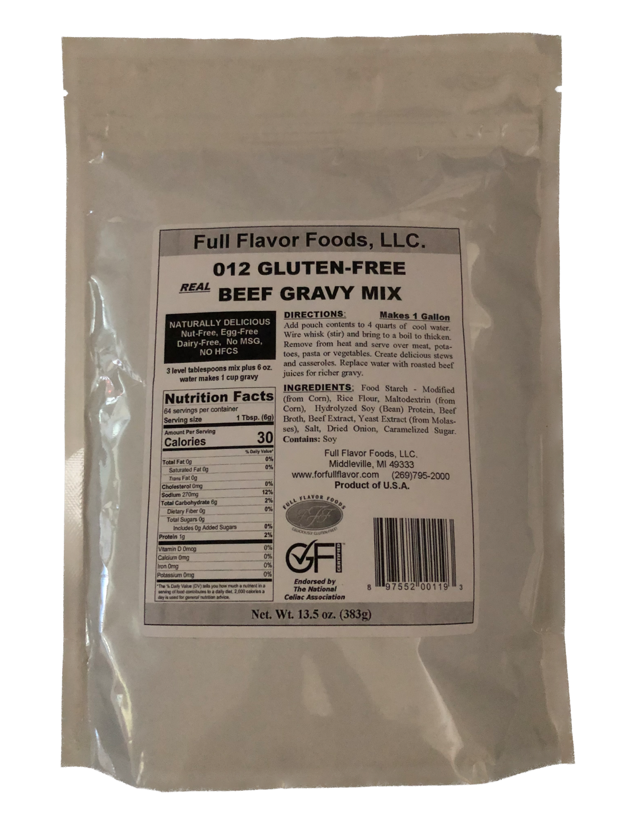 Full Flavor Foods Gluten Free Beef Gravy Mix, 13.5 oz (383g)