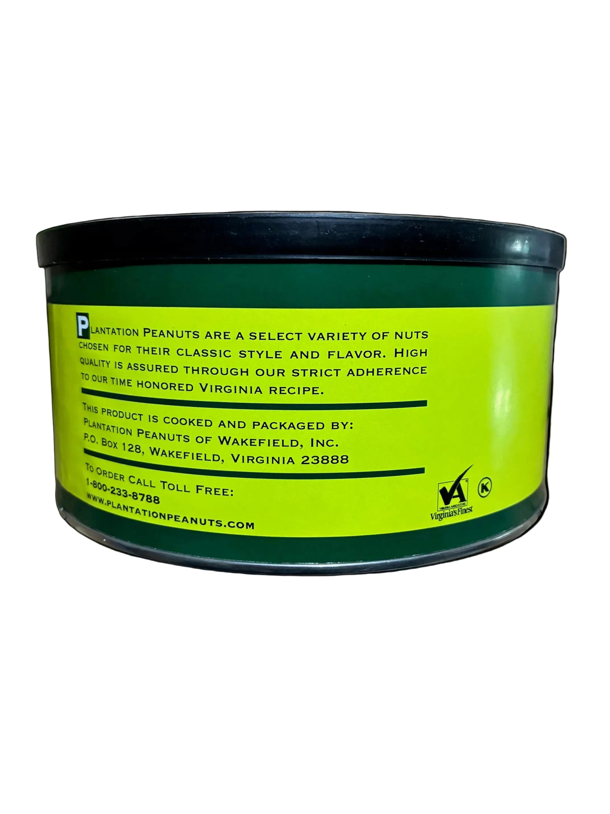 Close-up of a green peanut butter container label on a cardboard surface