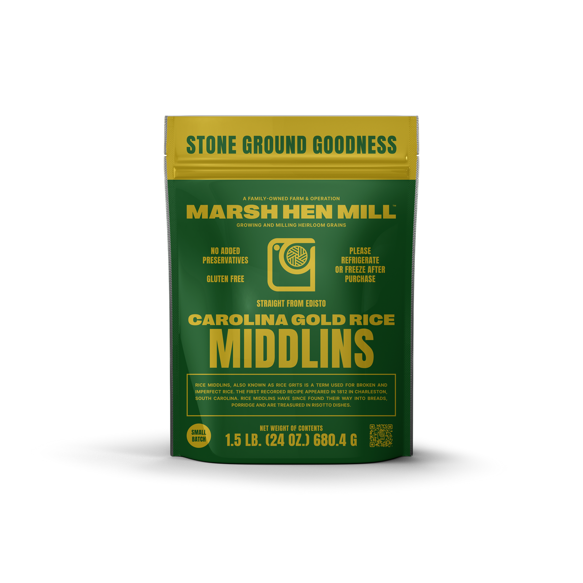 Green package of Marsh Hen Mill Carolina Gold Rice Middlins on a white background