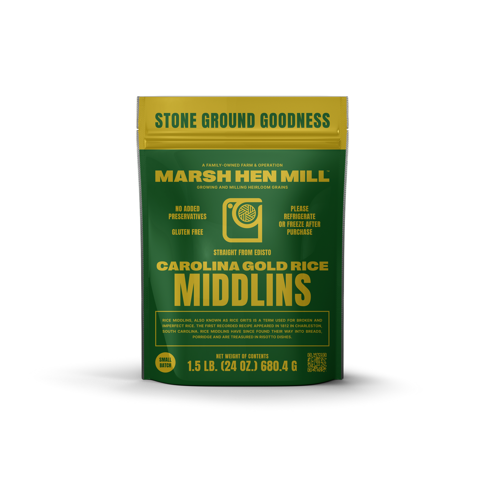 Green package of Marsh Hen Mill Carolina Gold Rice Middlins on a white background