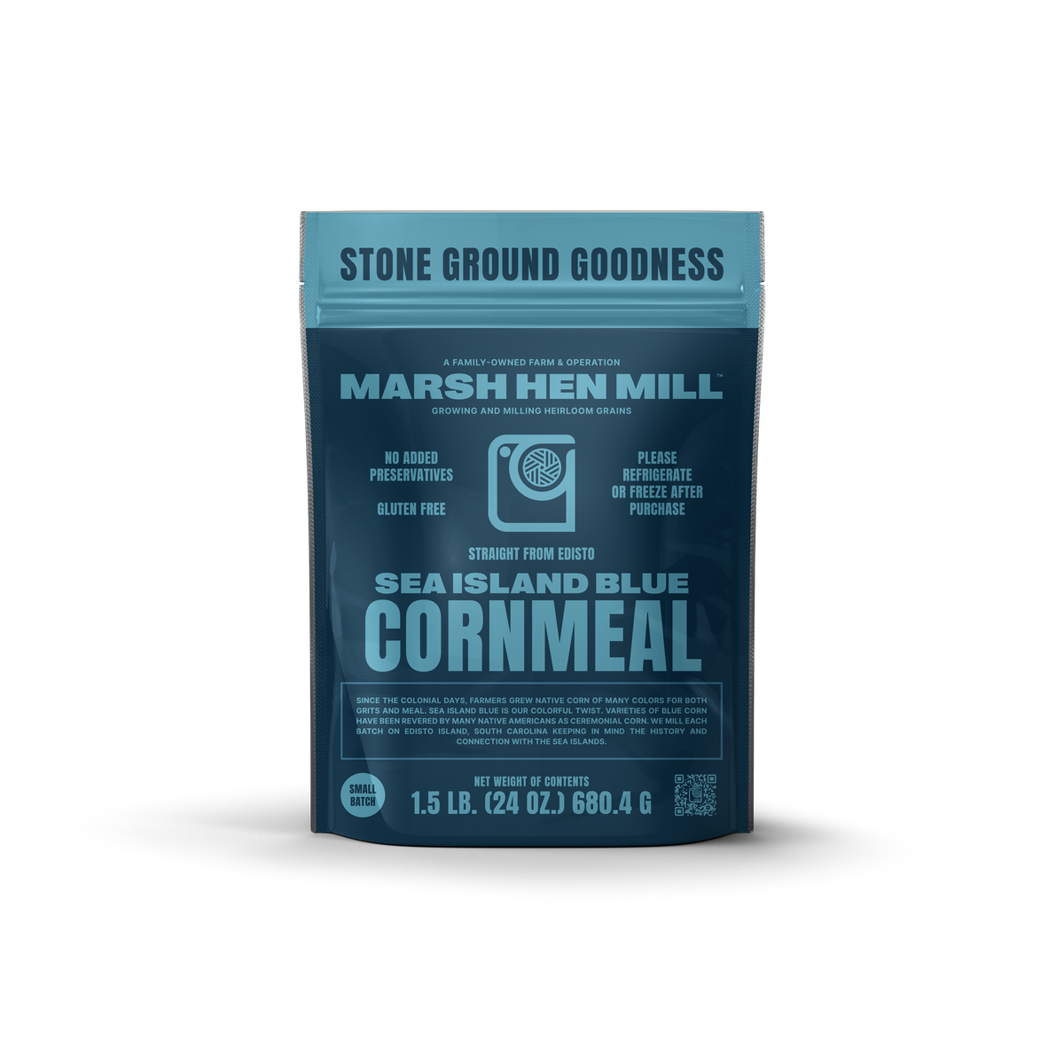 Bag of Marsh Hen Mill Sea Island Blue Cornmeal on a white background