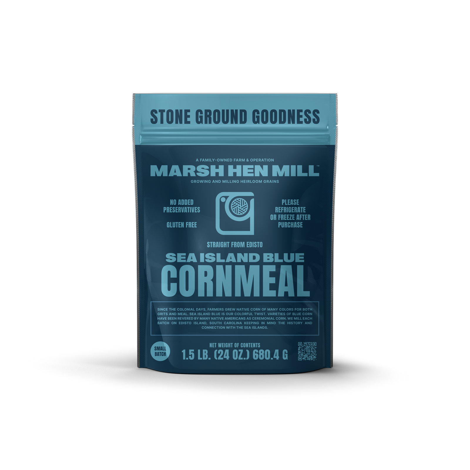 Bag of Marsh Hen Mill Sea Island Blue Cornmeal on a white background