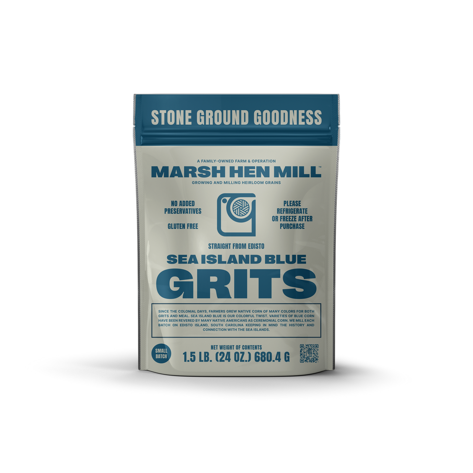 Bag of Marsh Hen Mill Sea Island Blue Grits on a white background
