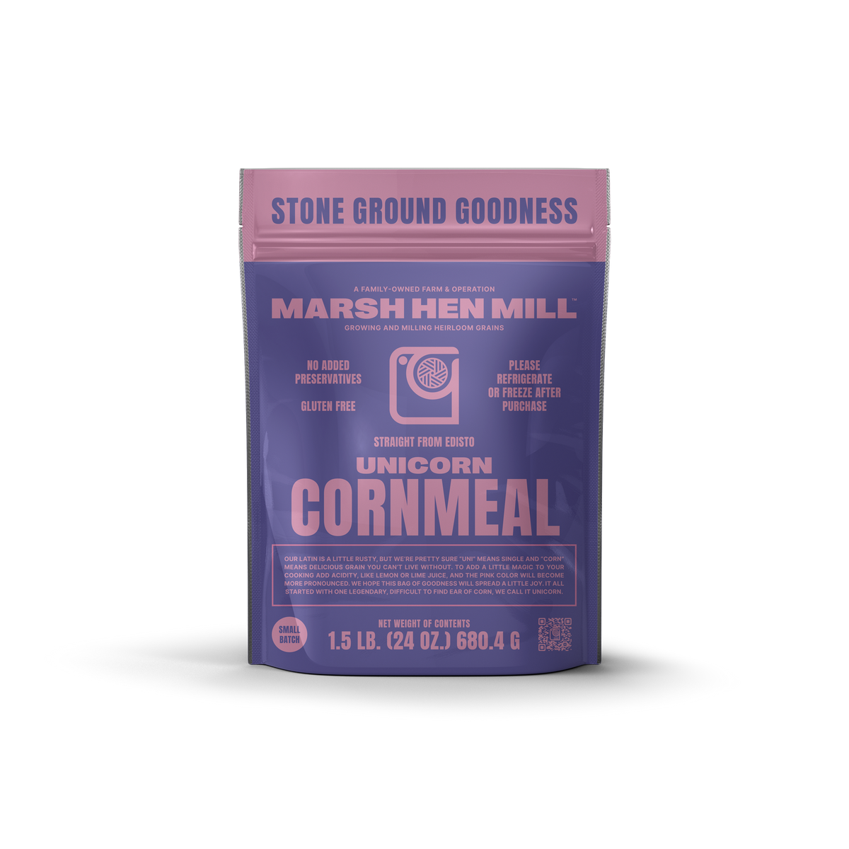 Purple package of Marsh Hen Mill Unicorn Cornmeal on a white background