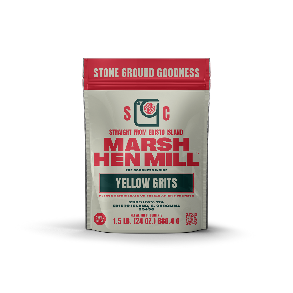 Bag of Marsh Hen Mill yellow grits on a white background