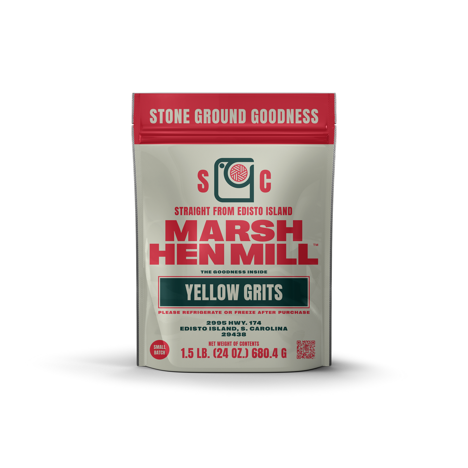 Bag of Marsh Hen Mill yellow grits on a white background