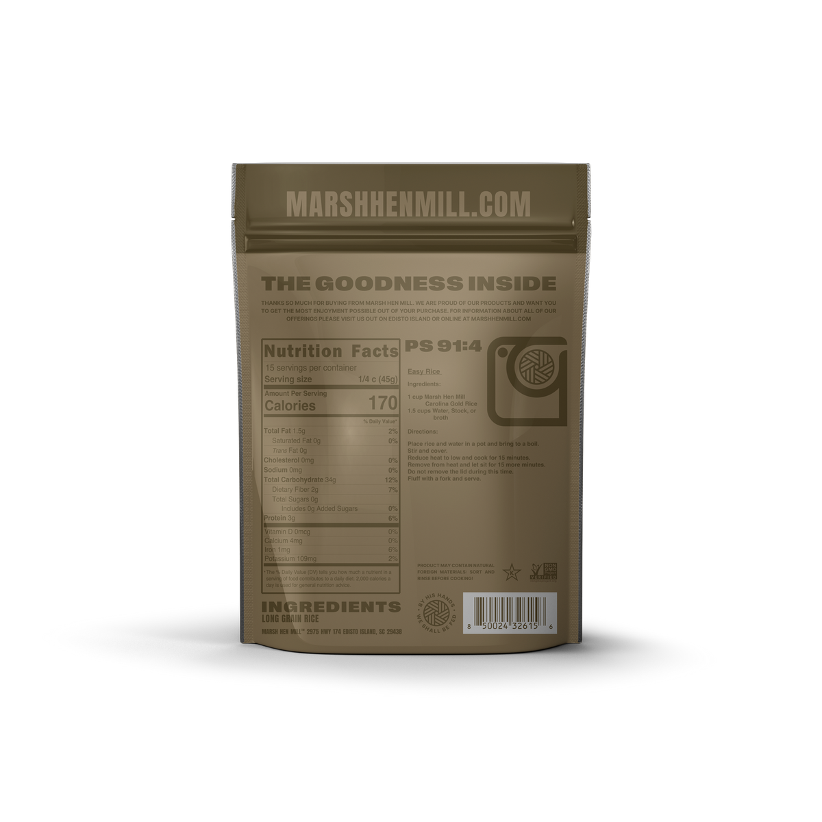 Brown package with nutrition facts and ingredients list on a white background
