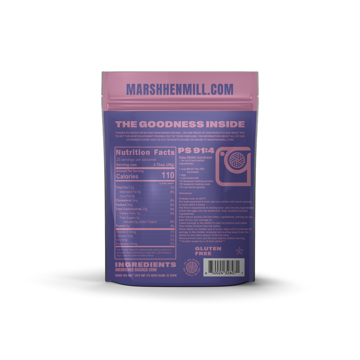 Purple packaging with pink text and branding on a white background