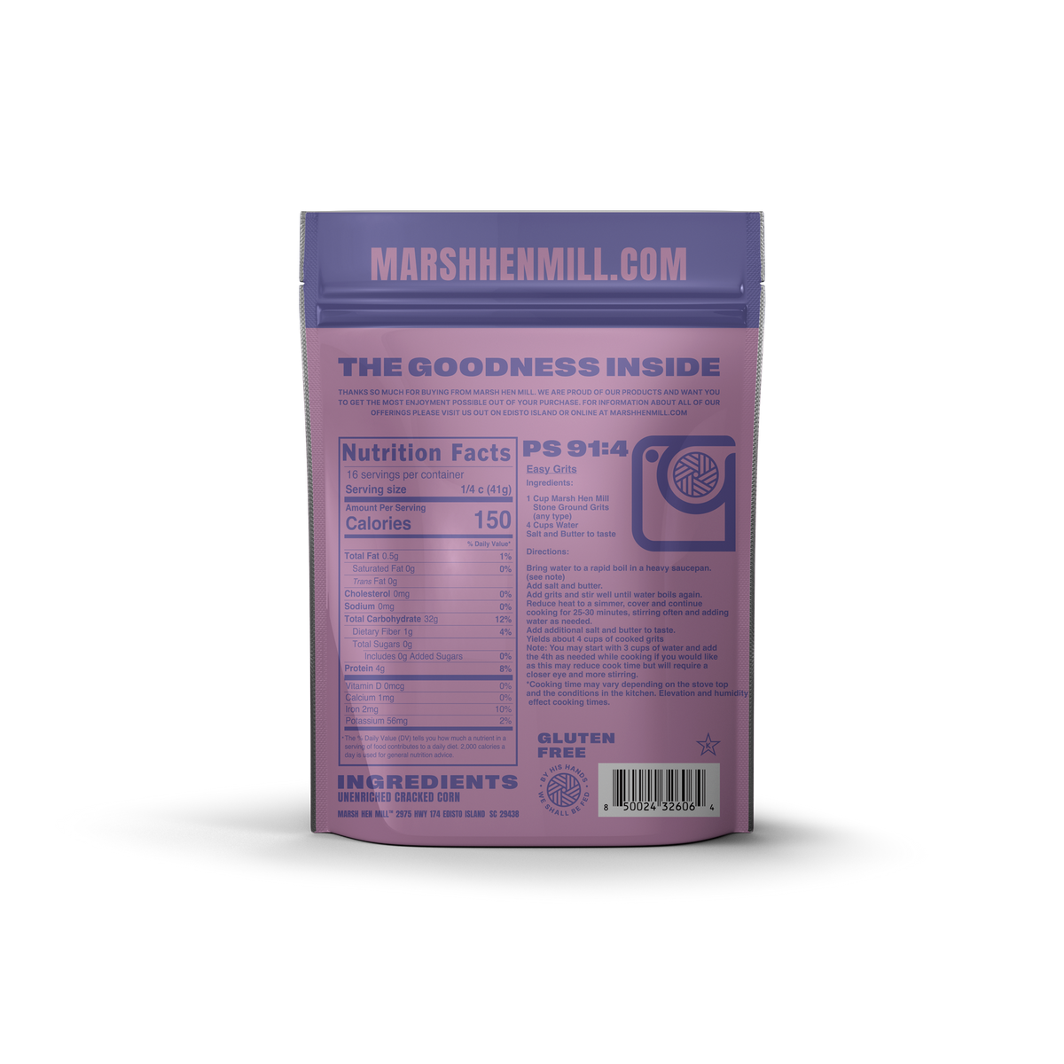 Purple package with text and nutrition facts on a white background