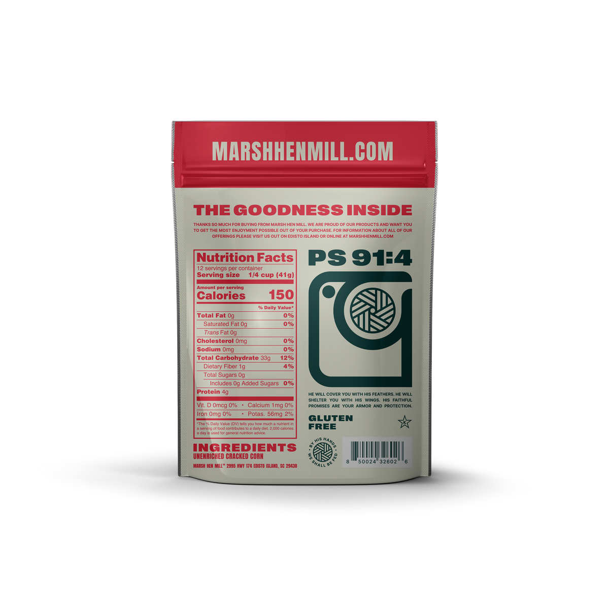 Product packaging with MarshenMill branding and nutritional information on a white background