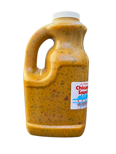 Large container of Chicago sauce with a visible label on a white background