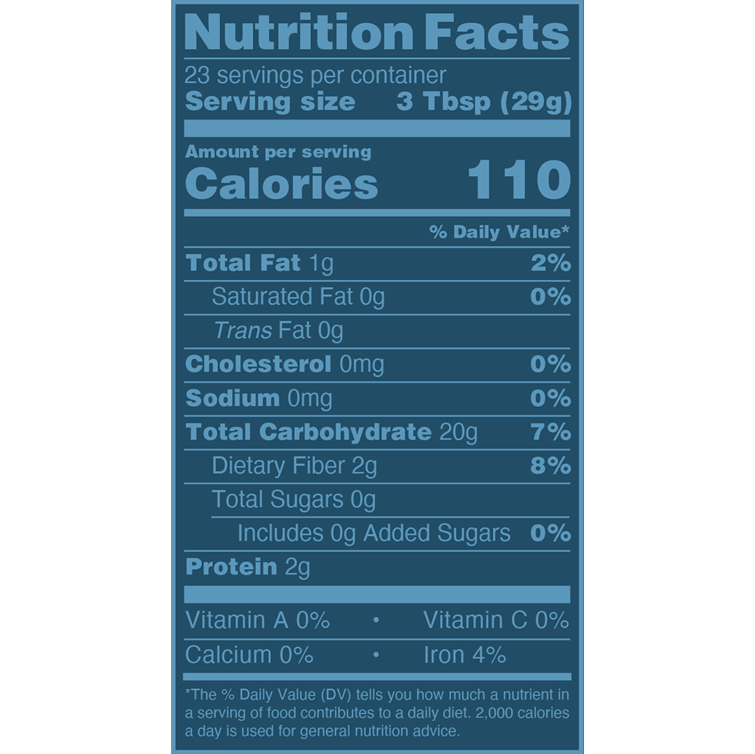 Nutrition facts label for a product with blue background and white text.