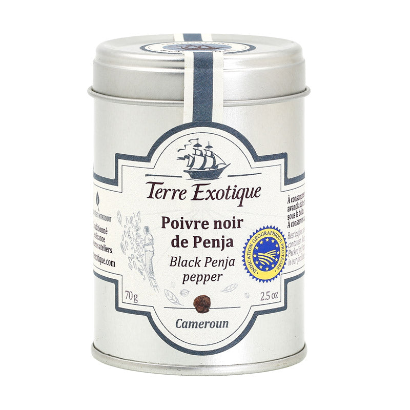 Tin of Terre Exotique Black Penja pepper on a white background