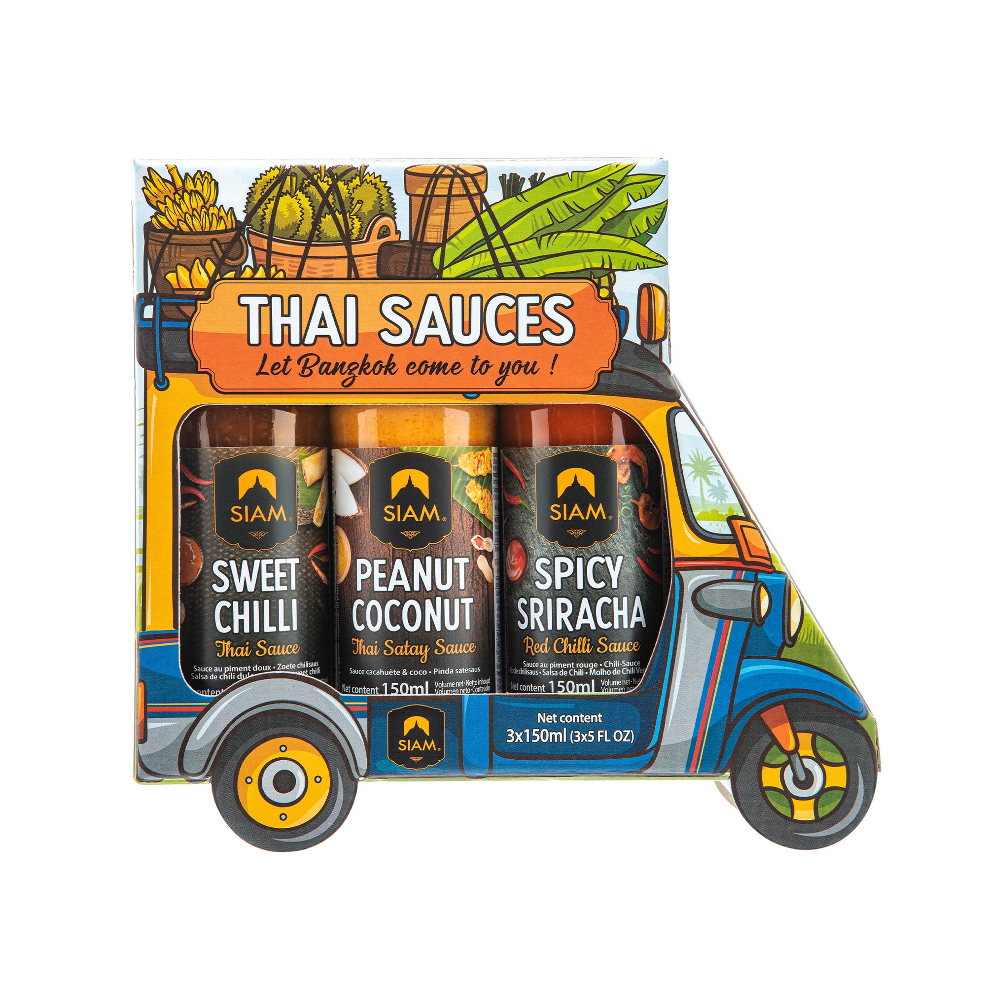 SIAM Tuk Tuk Gift Box w/Thai Sauces - Sweet Chili, Peanut Coconut, Spicy Sriracha