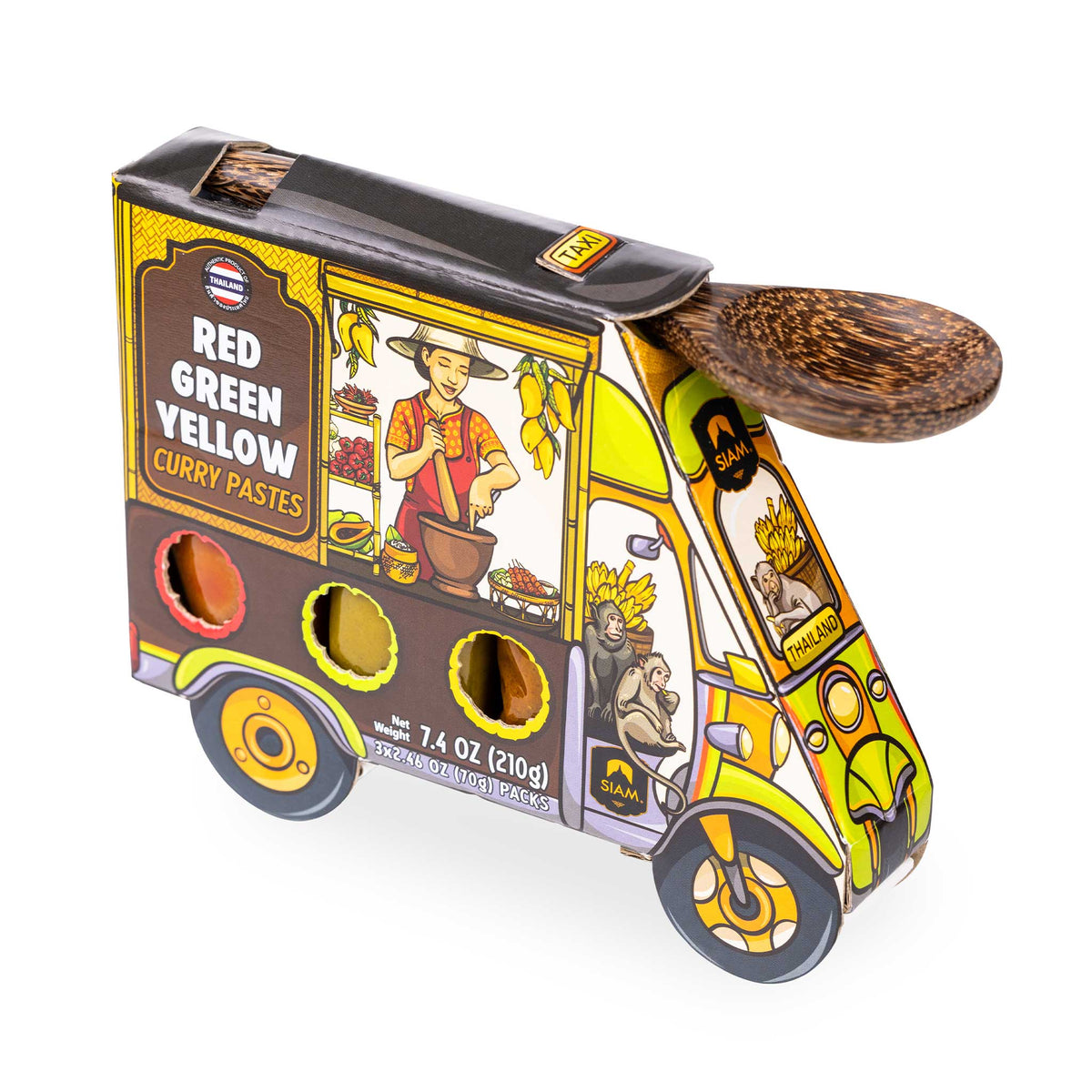 SIAM Tuk Tuk Gift Box w/Thai Curry Pastes - Green, Red &amp; Yellow (3x2.46 oz Packs)