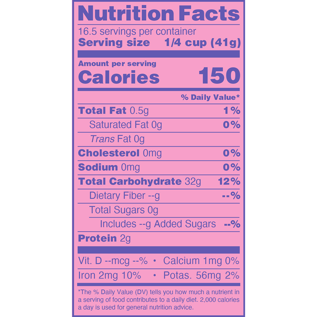 Nutrition facts label with pink background and white text