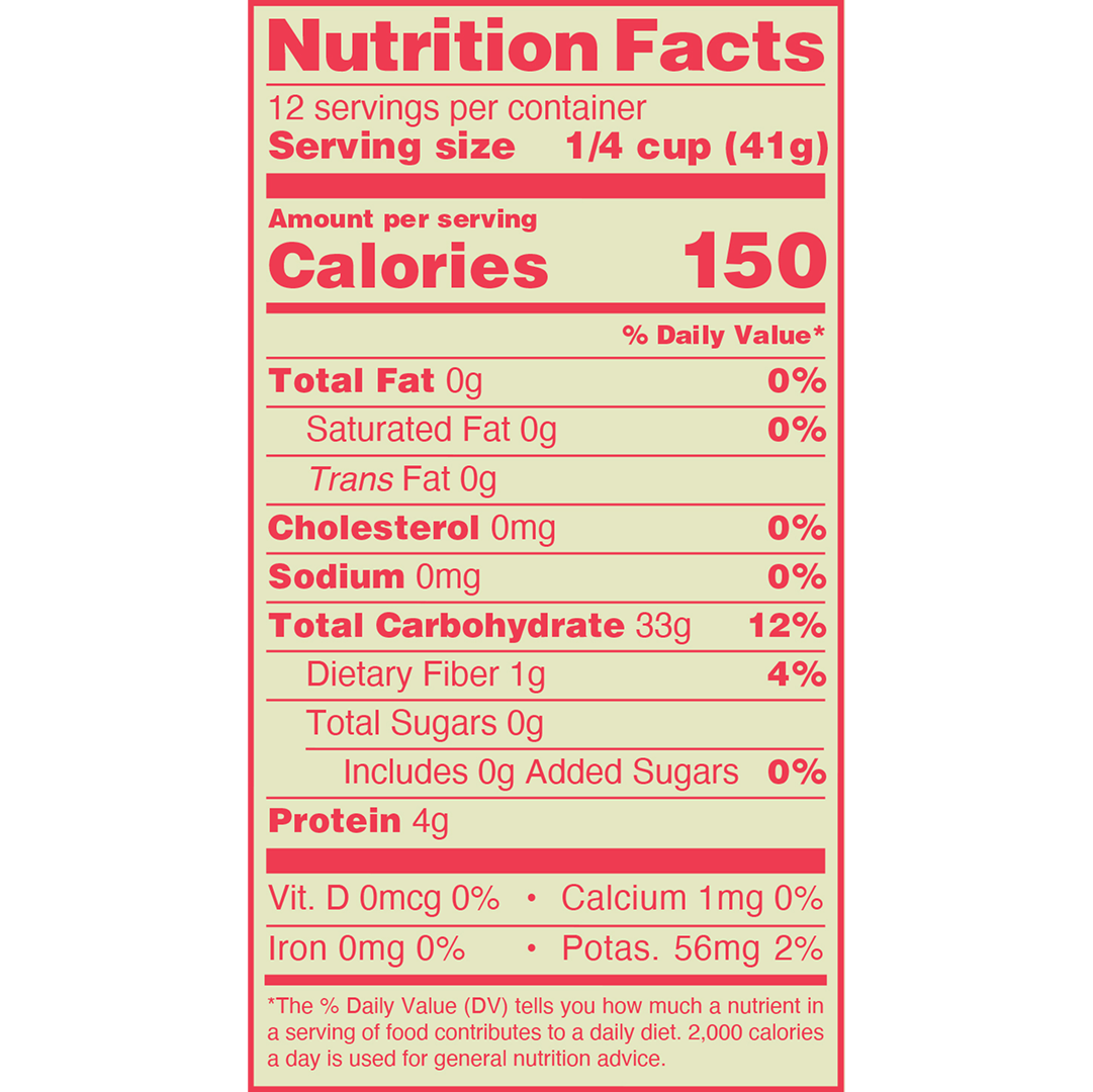 Nutrition facts label for a food product with red and yellow text on a white background