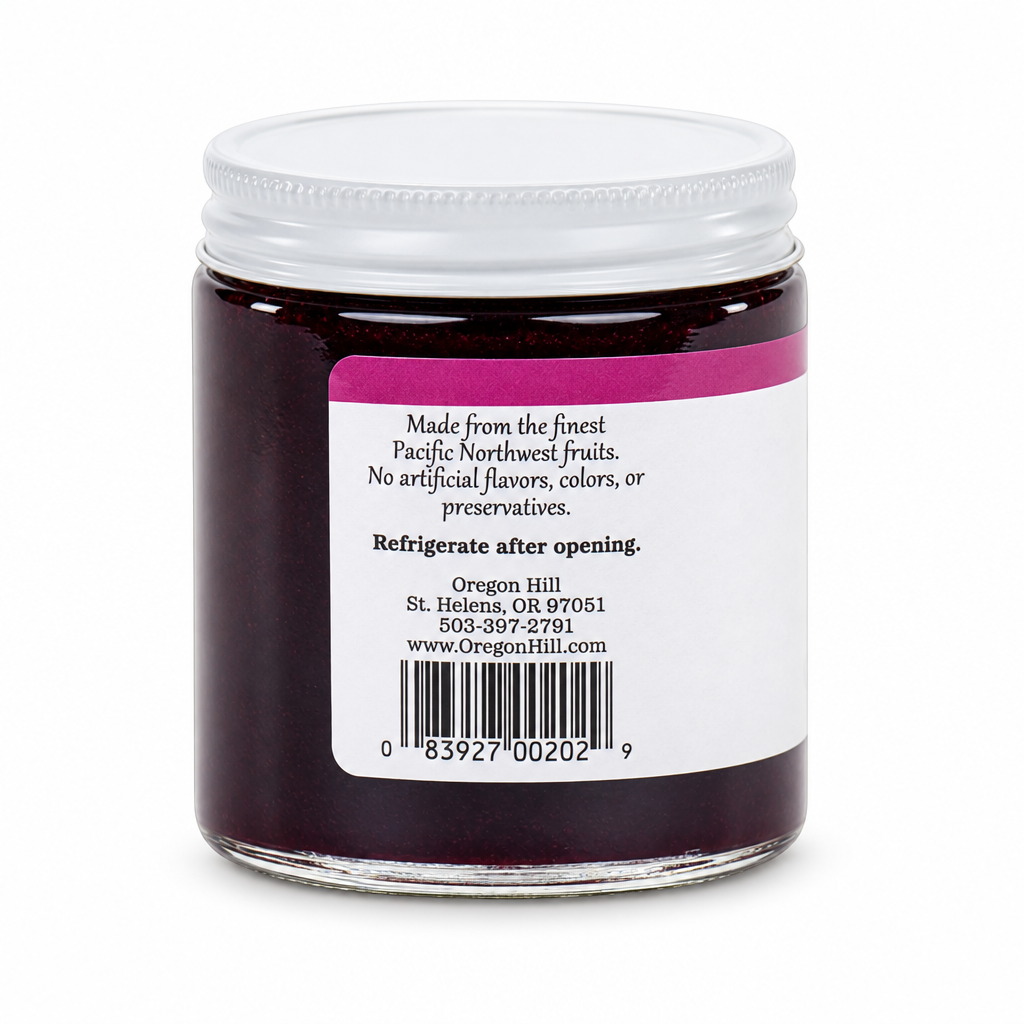Oregon Hill Seedless Marionberry Jam 5.5 oz alternate side view on white background