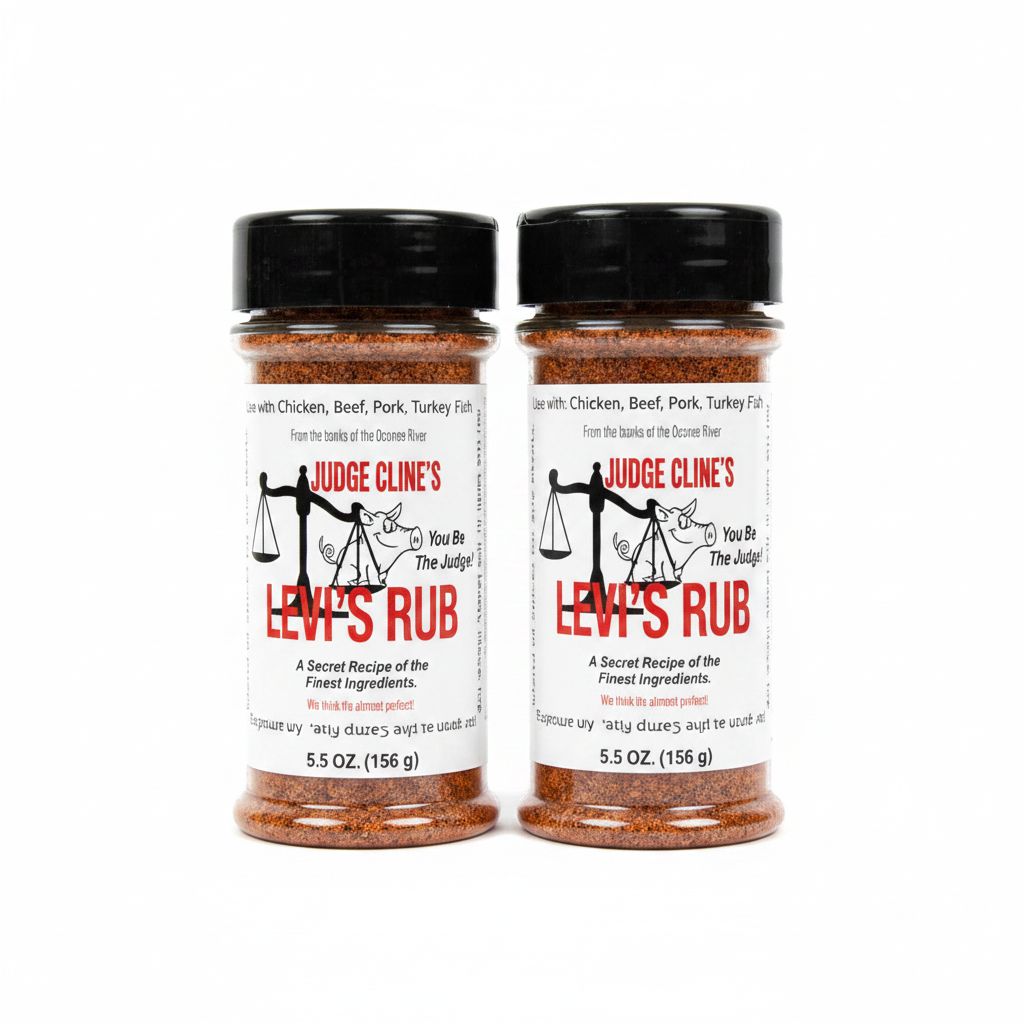 Two bottles of Judge Cline's Lew's Rub seasoning blend on a plain white background. The bottles are clear plastic with black caps and white labels featuring red and black text and a scale graphic.