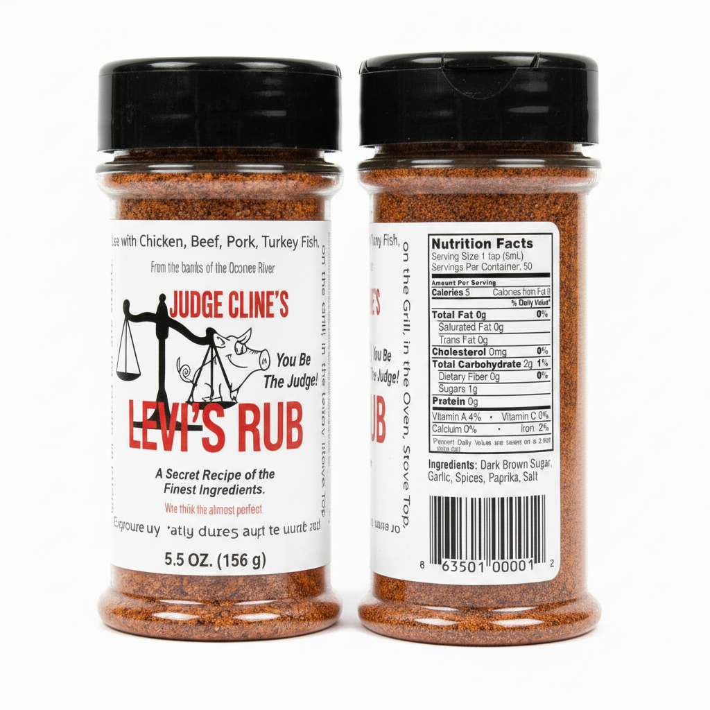 Two 5.5 oz bottles of Judge Cline's Levi's Rub seasoning powder shown on a white background, displaying both the front label and the side/back nutrition panel.