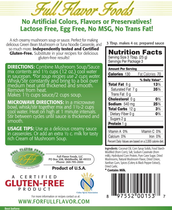 Full Flavor Foods Gluten Free Creamy Mushroom Sauce/Soup, 2.65 oz (75g)