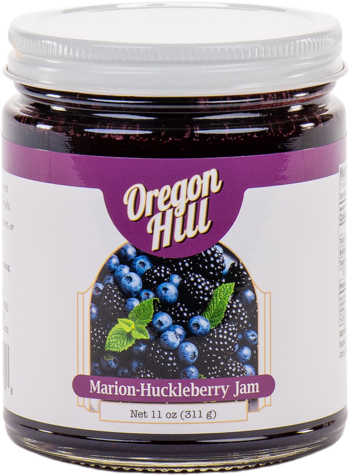 Jar of Oregon Hill Marion Huckleberry Jam with a purple label