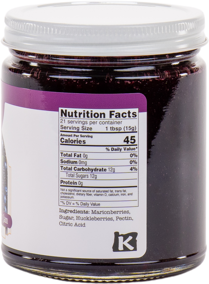 Jar of jam with a nutrition facts label on a white background