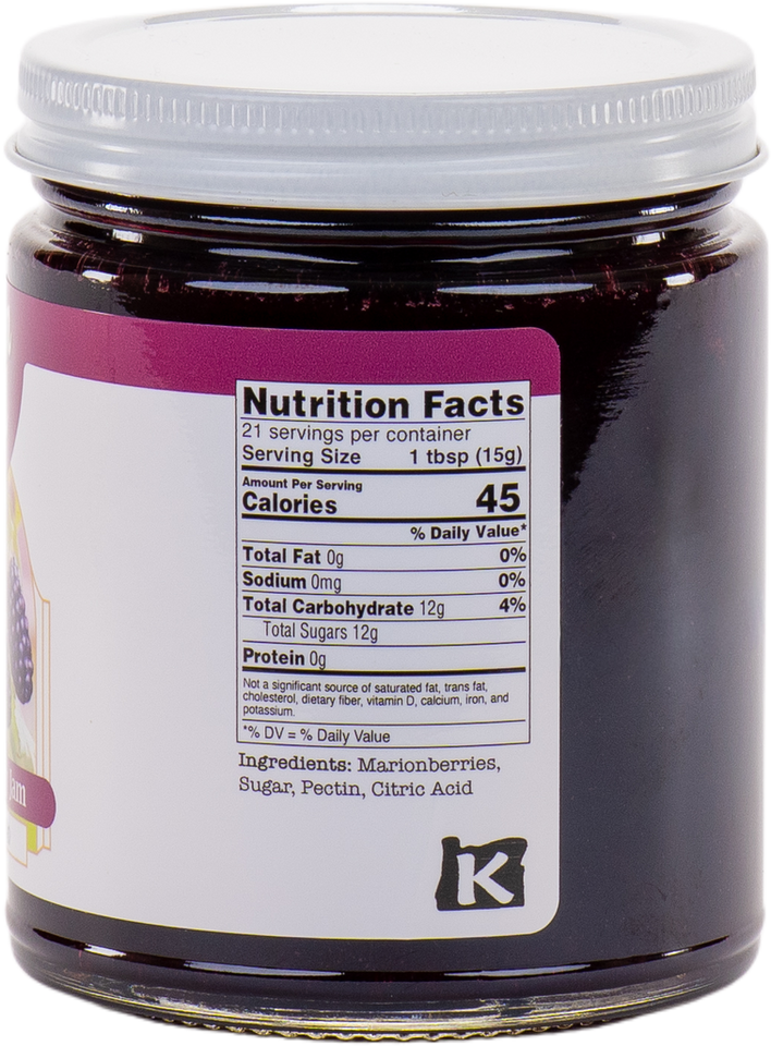 Jar of Oregon Hill jam with a nutrition facts label on a white background