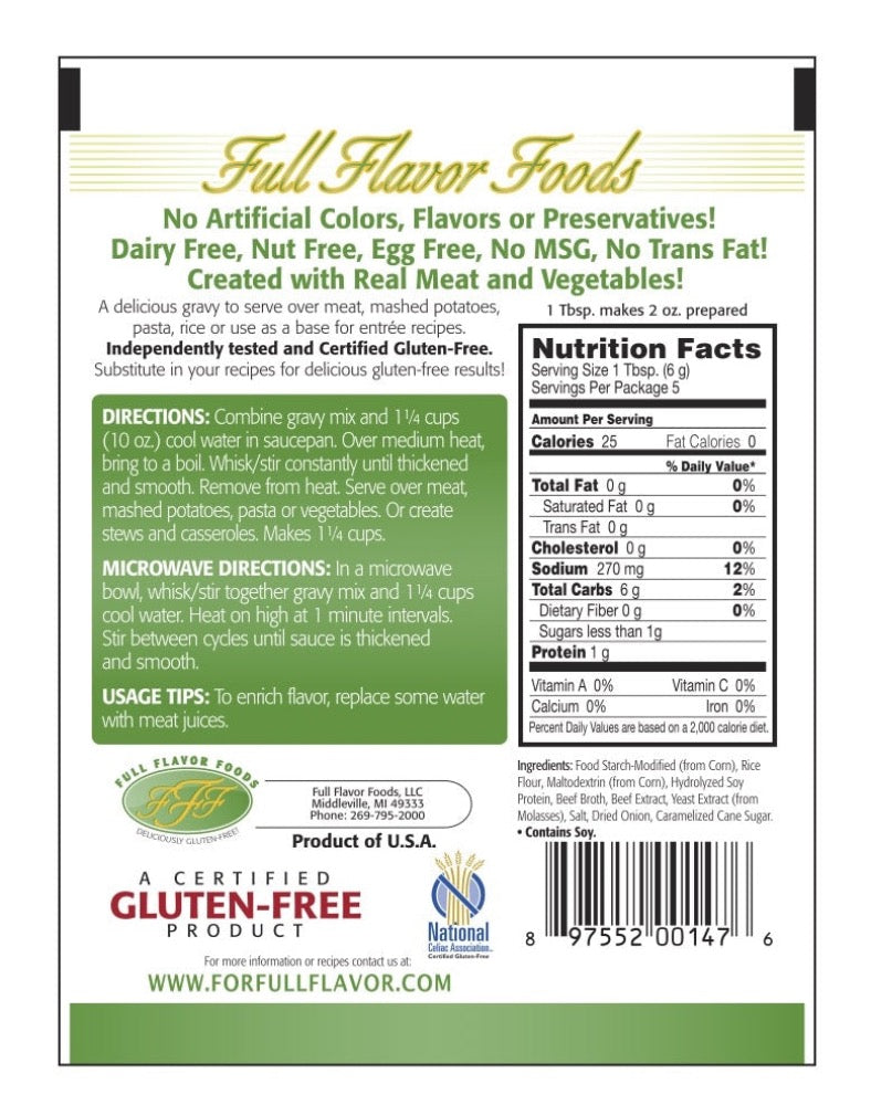 Full Flavor Foods Gluten Free Beef Gravy Mix, 1.06 oz (30g)