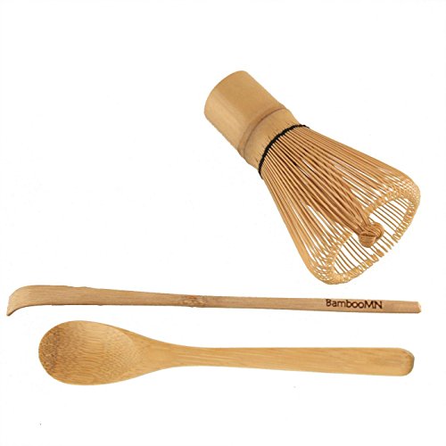 BambooMN Matcha Whisk Set - Golden Chasen (Tea Whisk) + Chashaku (Hooked Bamboo Scoop) + Tea Spoon - 1 Set - Snazzy Gourmet