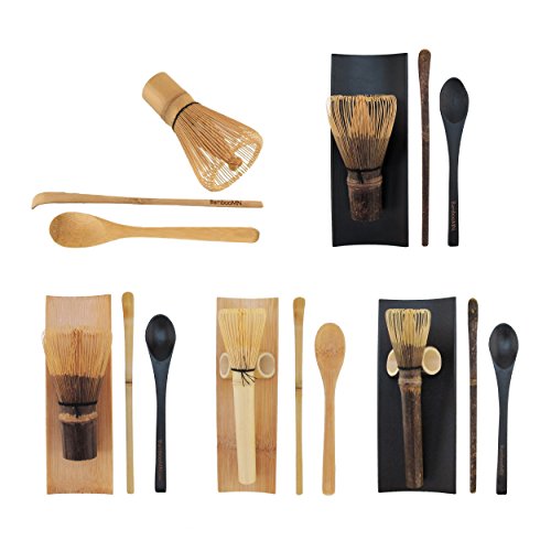 BambooMN Matcha Whisk Set - Golden Chasen (Tea Whisk) + Chashaku (Hooked Bamboo Scoop) + Tea Spoon - 1 Set - Snazzy Gourmet